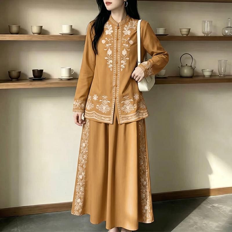 ZANZEA Women Ethnic Print Casual Long Sleeve Blouse and Long Skirts Two Piece Suit Set