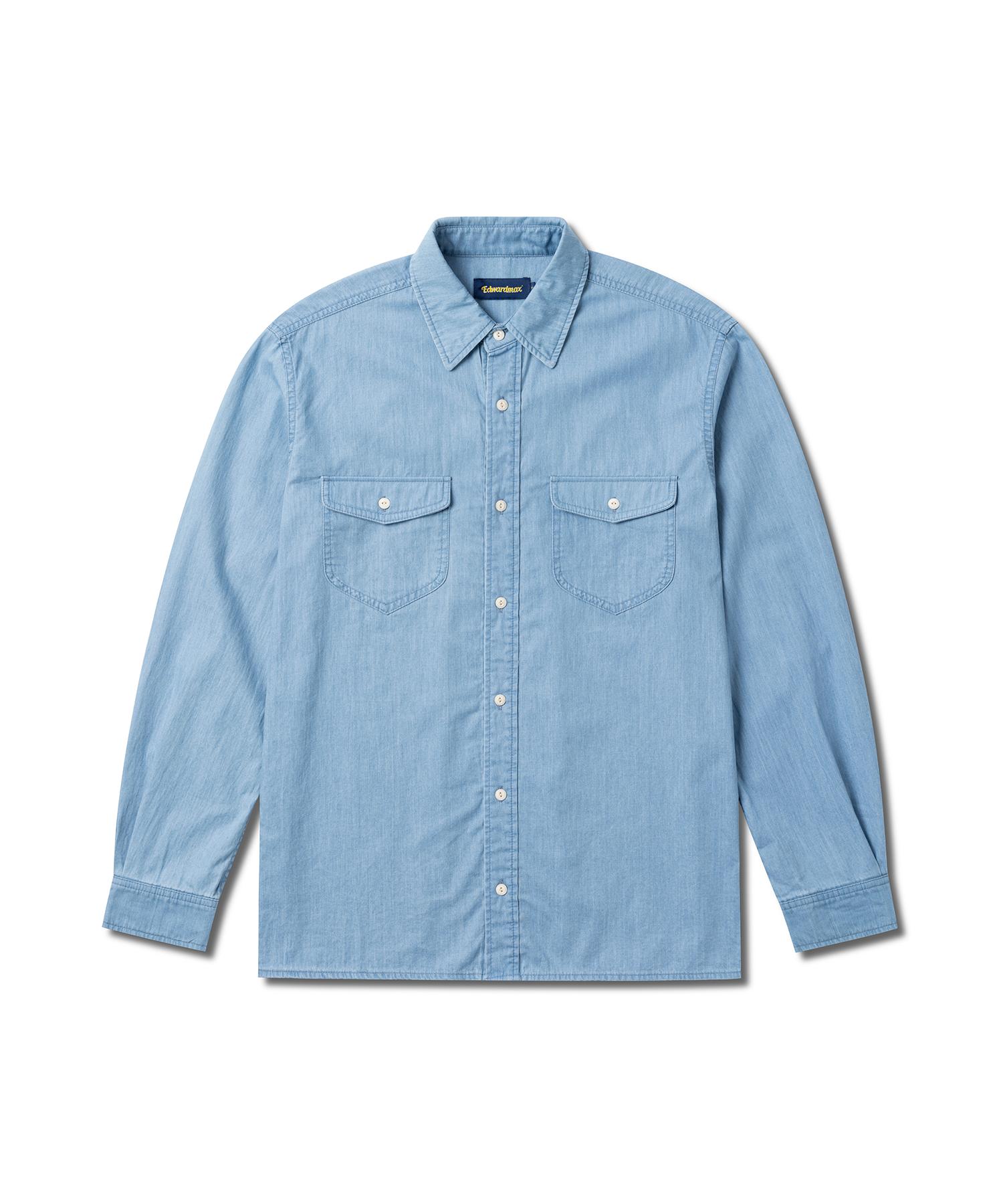 Edward Max Bio-Washed Pocket Chambray Cotton Shirt, Reverse Pleated Voluminous Silhouette M(95)