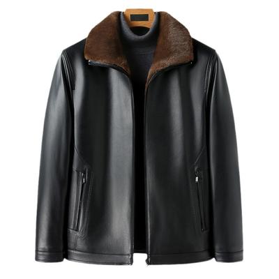 Neue Lederjacke für Herren mit Samt und Verdickung für Männer mittleren und höheren Alters mit integriertem Pelz Winter Daddy Revers warme Lederjacke