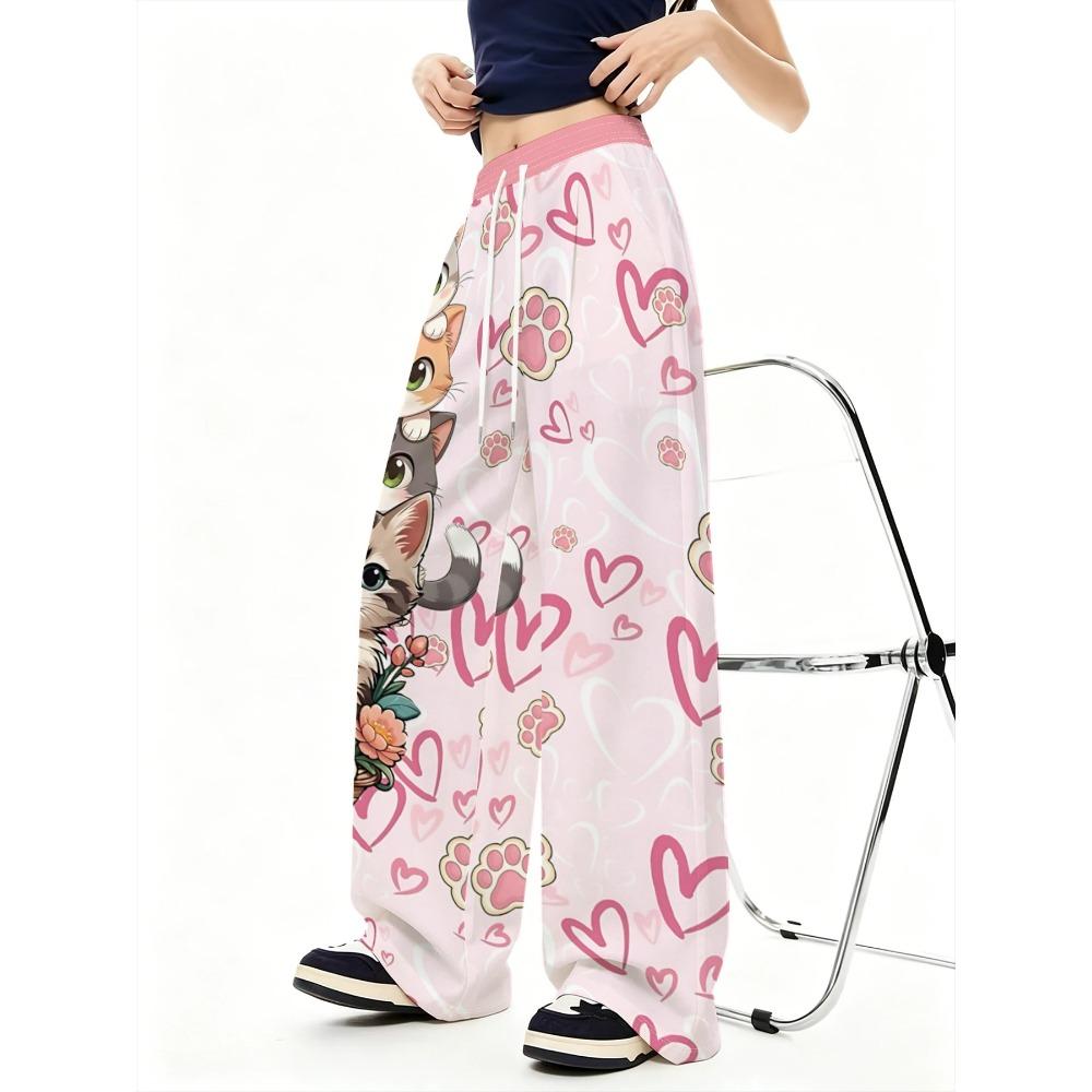 Women's Loose Fashion Casual Sports Wide-leg Pants Cartoon Cat Love Print Spring and Autumn Outdoor Long Sweatpants