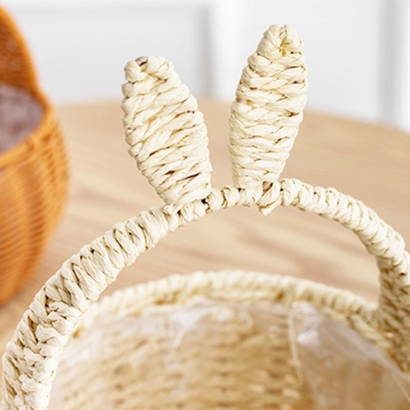 Durable Handmade Basket In Neutral Tone With Fun Rabbits Ear Detail Perfect For Fashion Home Decorations