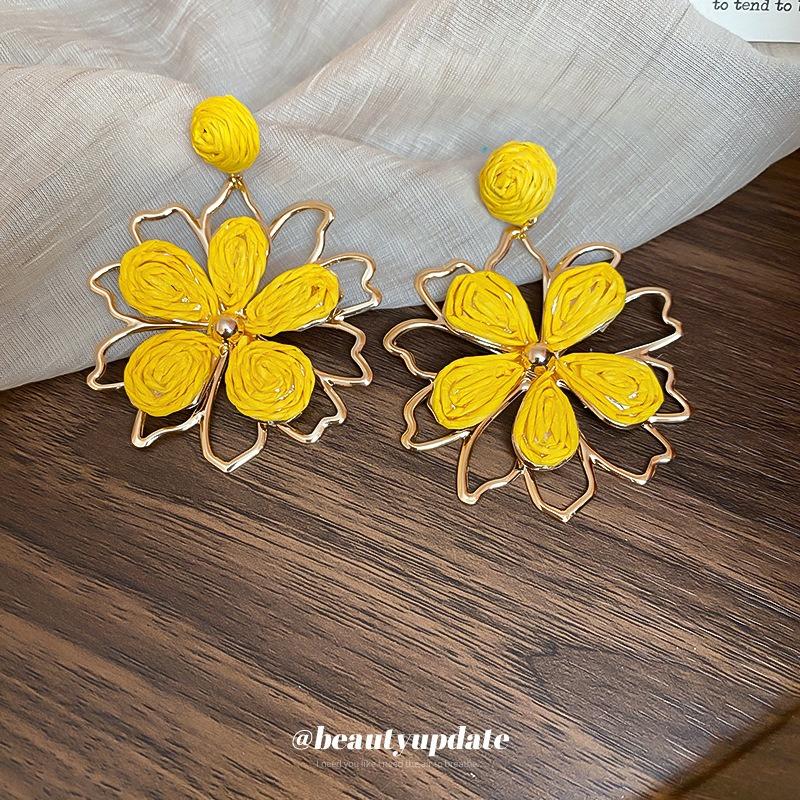 Silver Needle Super Fairy Raffia Flower Earrings Sweet Ins Temperament Earrings Fashion Versatile Earrings Niche High Sense