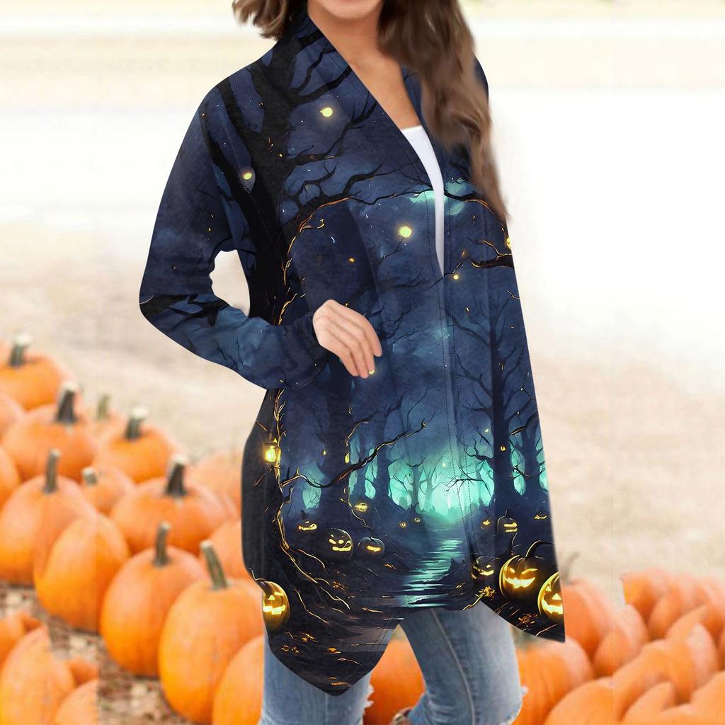 Women's Fashion Casual Halloween Print Medium Length Cardigan Jacket Coat