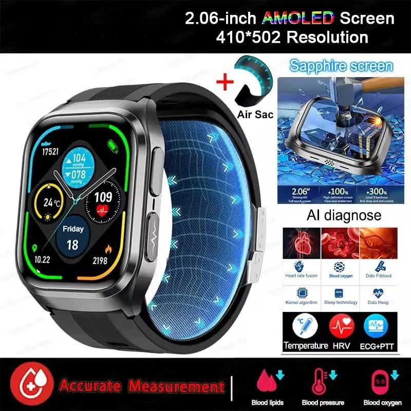 2026 New Men Airbag Air Pump ECG Blood Pressure Uric Acid Blood Fat Temp Health Monitor Bluetooth Call 2.06-inch AMOLED Smart Watch