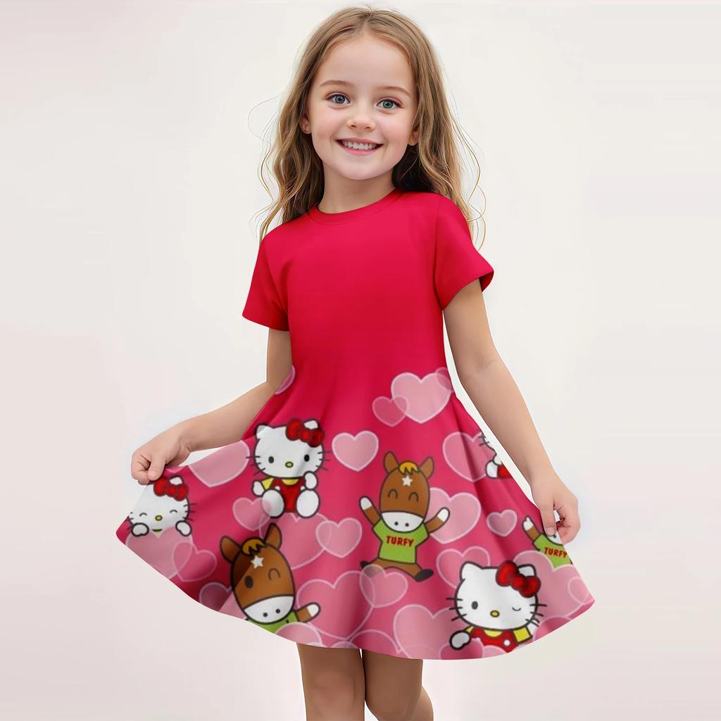 Popular Kawaii Summer Children's New Fashion Girl Dress Comfortable Home Outdoor Cartoon Cute Hello Kitty Dress 3d Print Red Ser