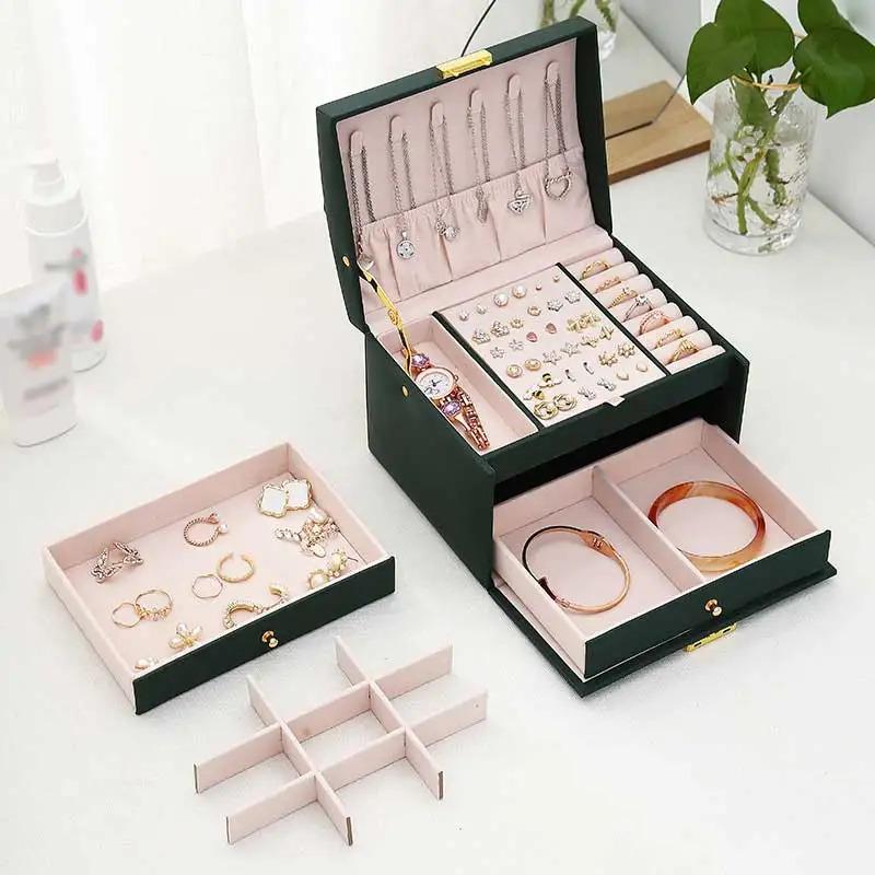 PU Leather 3 Drawer Jewellery Box - Handheld Display Storage with Security Key Lock, Perfect for Earrings Rings Necklaces