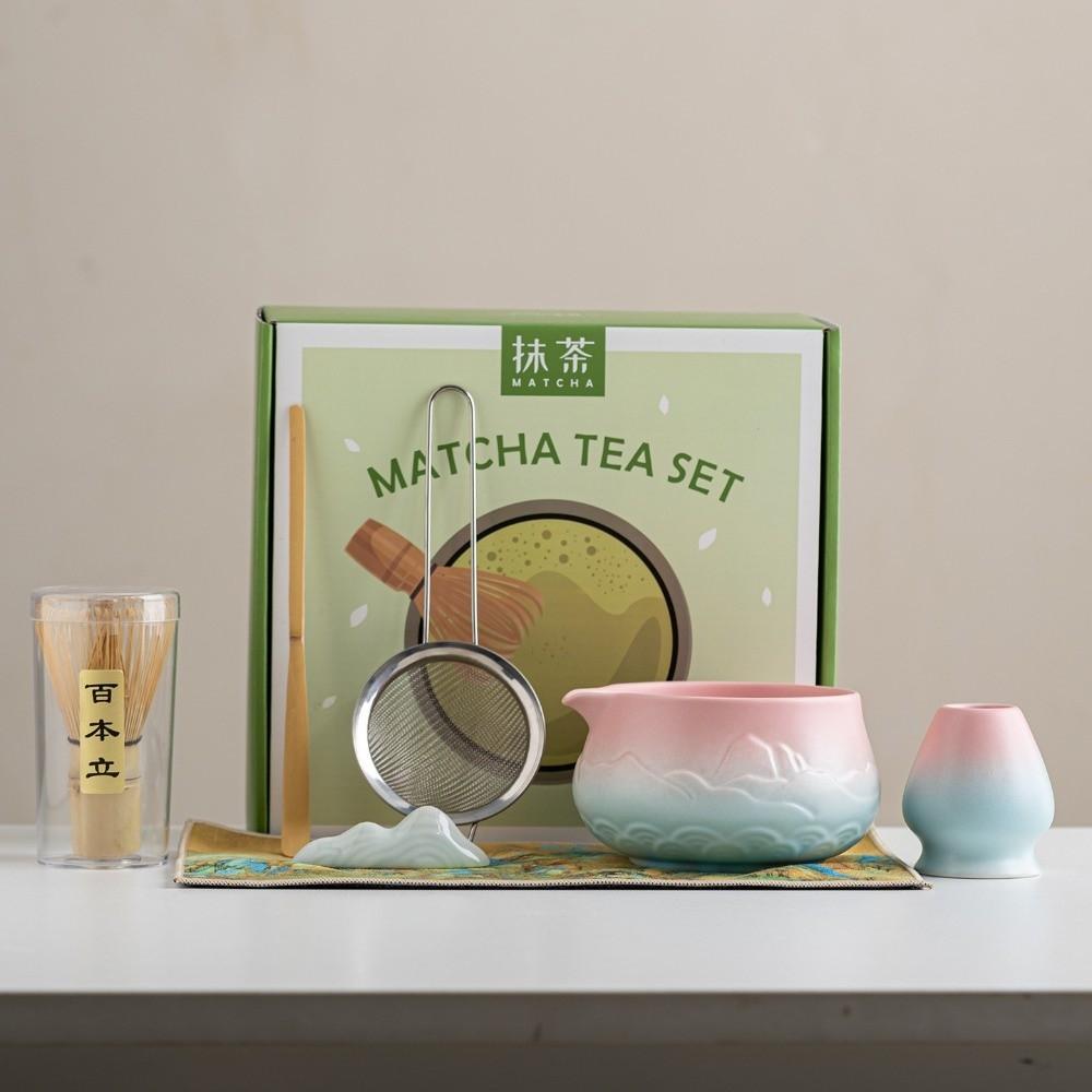Ceramic Matcha Bowl Gradient Color with Pouring Spout Matcha Making Kit Reusable Mountain and Sea Japanese Tea Set Tea Lovers