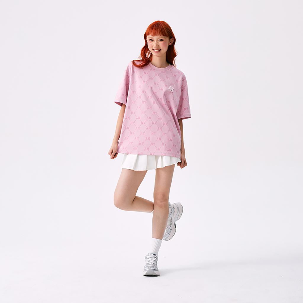 New MLB MONOGRAM Collection New York Yankees SS25 T Shirt Unisex Heather Gray Pink 3ATSM1353-50PKM