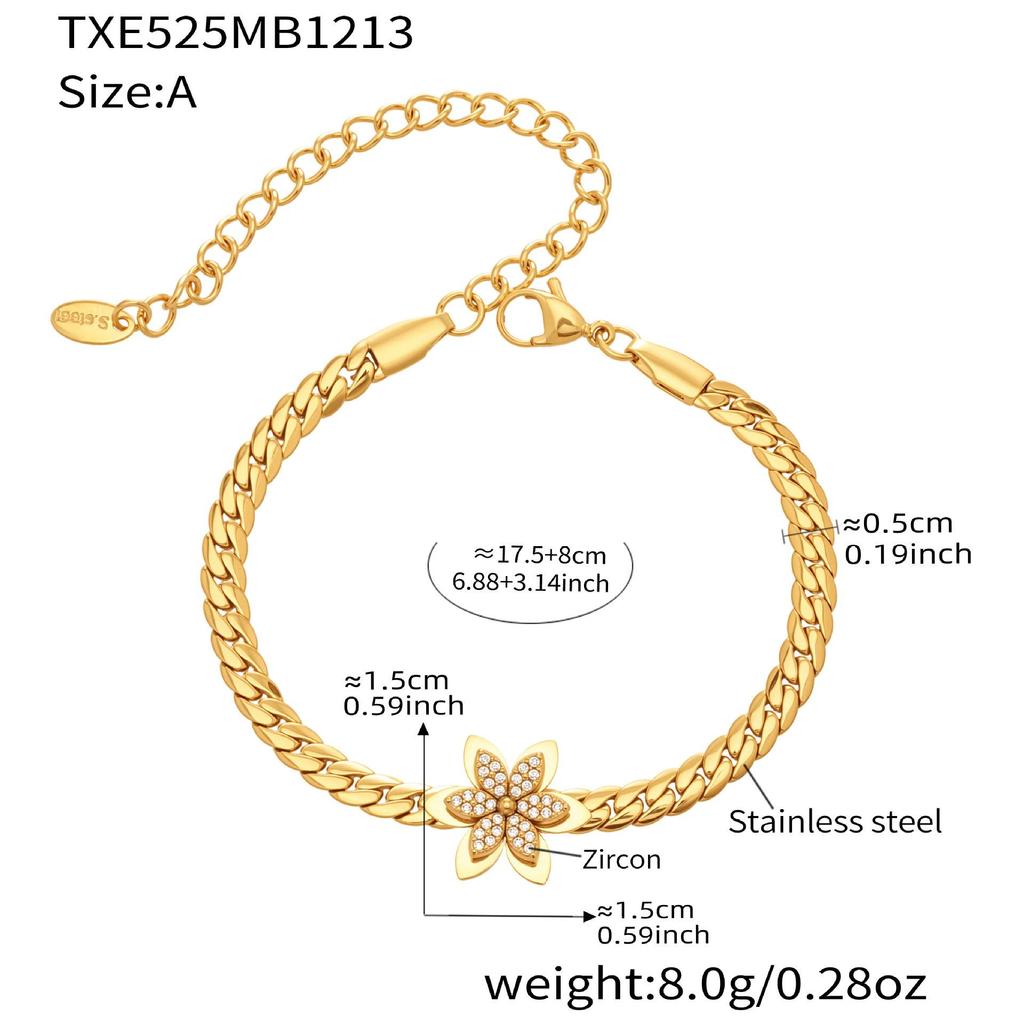 Exquisite 18k Gold-Plated Zircon Flower Jewelry Set: Stackable Stainless Steel Bracelet and Necklace.