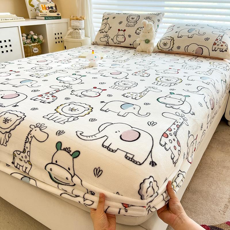 Winter Warm Flannel Fleece Bed Sheet Cartoon Flower Printed Thick Bed Sheets for Winter Single/Queen/King Soft Plush Bed Sheet