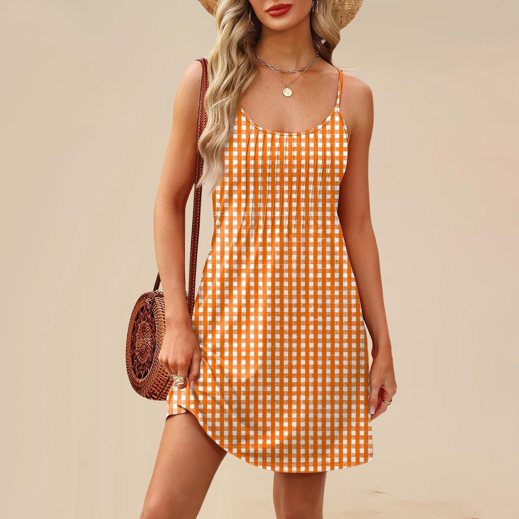 Fashion Women Summer Dress Striped Plaid Print Adjustable Spaghetti Straps Beach Vacation Casual Dress With Pockets