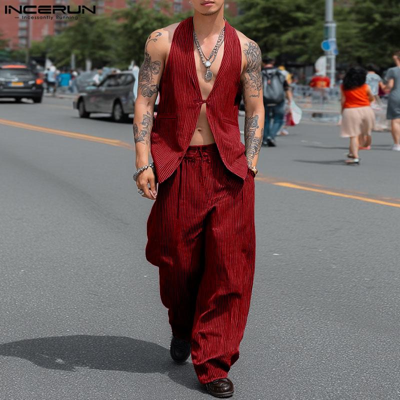INCERUN Two Pieces Men Striped Sleeveless Vest and Zip-up Long Suit Pants Sets