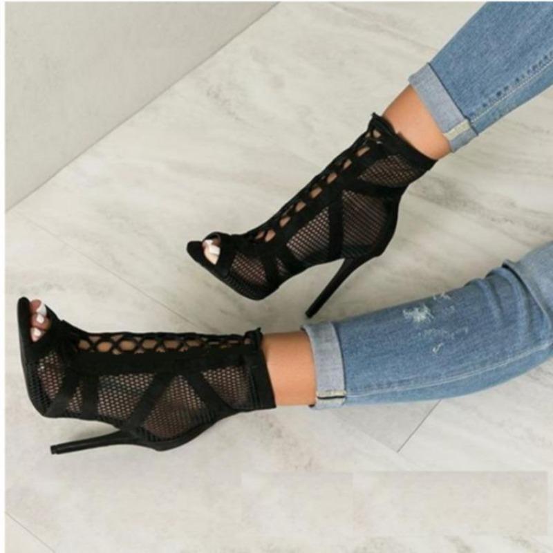 Grundlegende Sandalen Stiefel Frauen High Heels Pumps Sexy Aushöhlen Mesh Lace-Up Kreuz-gebunden Stiefel Party Schuhe Party