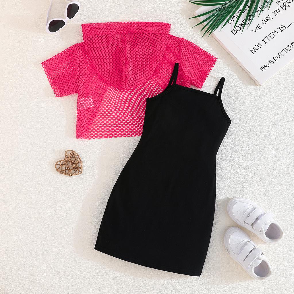 Girls Summer Fashion Set Pink Mesh Hoodie + Black Strap Dress Two Pieces