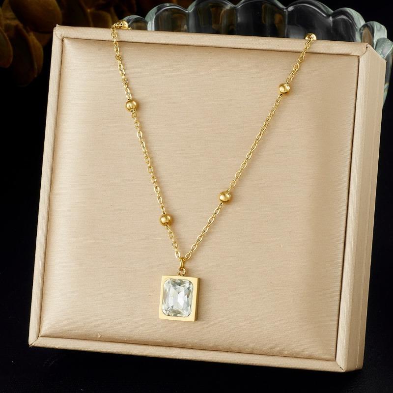 Gold Plated Emerald Square Pendant Necklace, Stainless Steel Station Chain Choker, Waterproof Green Gem Jewelry for Women Gift