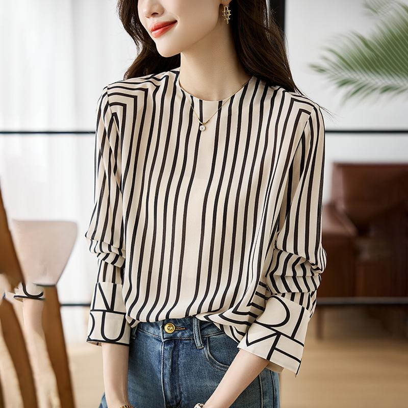 

Женская весенняя рубашка в полоску с французским темпераментом, женские осенние дизайнерские элегантные топы для通勤 с круглым вырезом XXS