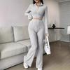 Conjunto de 2 piezas para mujer, conjunto de pantalones acampanados y top con cierre de cremallera, abrigo con cuello alto y hilo, chándal deportivo de cintura alta, ropa elástica para uso diario