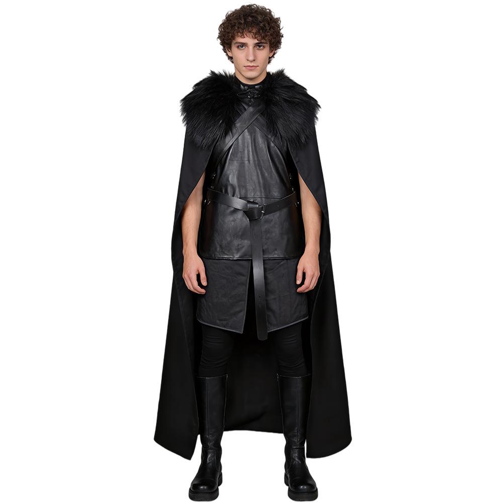 Game of Thrones Jon Snow Halloween Cosplay Costume - Black Fur Collar Cloak Knight Suit Adult XL