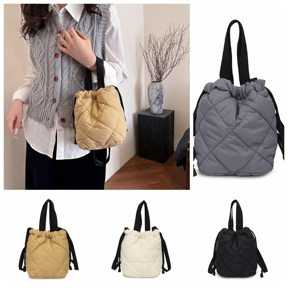 Solid Color Nylon Shoulder Bag Elegant Down Crossbody Bag Simple Drawstring Bucket Bag  Female