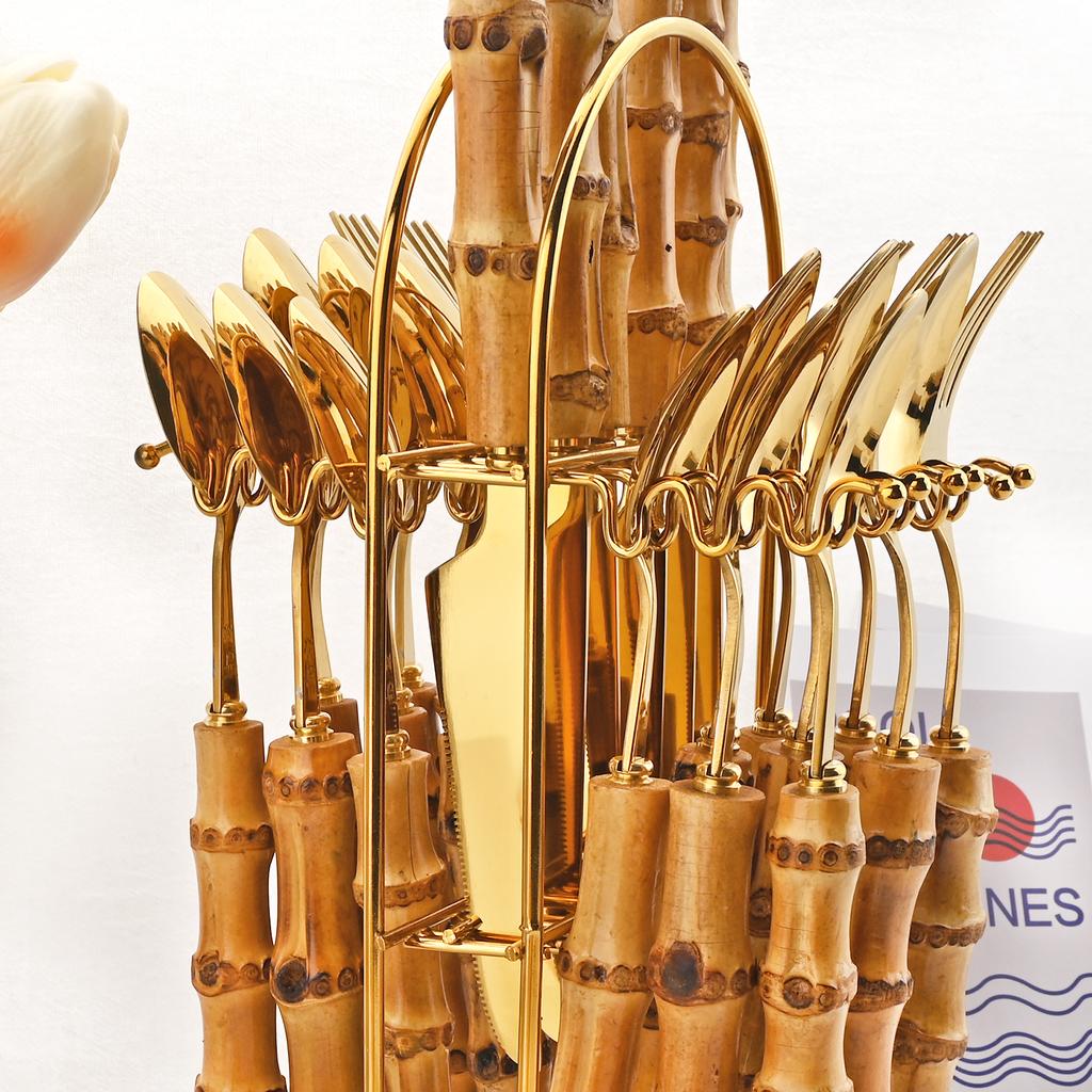 24-teiliges Geschirr-Set mit Ständer, Bambusgriff, Edelstahl, Geschirr, Messer, Besteck, Gabel, Löffel, Set mit Besteckständer
