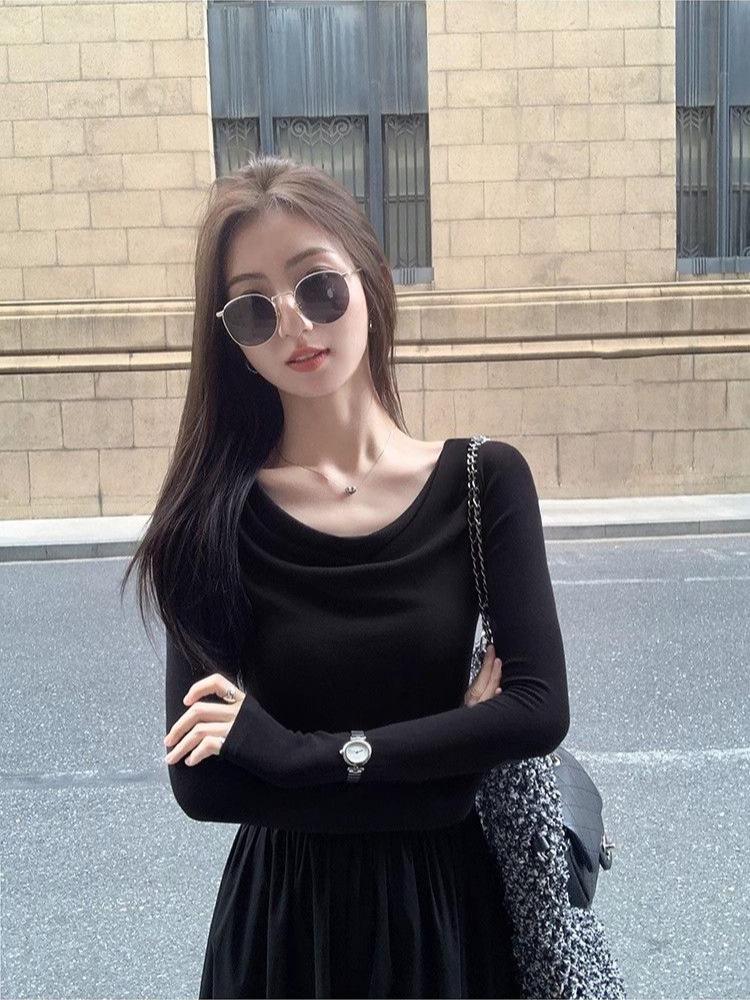 Elegant Off-the-Shoulder Solid Color Long Sleeve Dress for Women - Autumn/Winter Slimming Long Skirt Medium белый