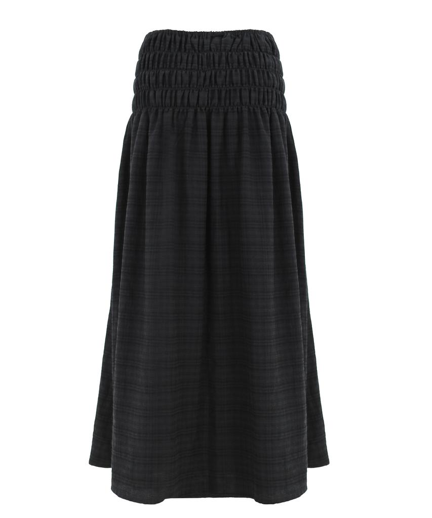 Plasma Sphere Smoke Shirred Check Ribbon Low-Rise Maxi Skirt_Black