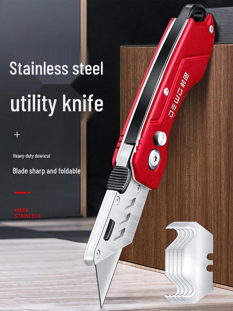 DEWO Heavy-Duty Stainless Steel Electrician's Folding Utility Knife with Cable and Wire Stripper, Thickened Hook.