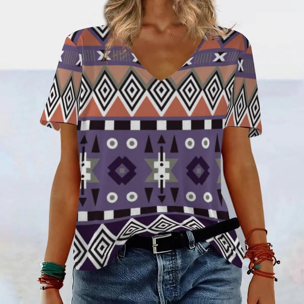 Ethnic Style Geometric 3D Printed Women's Street V-neck Short Sleeved T-shirt