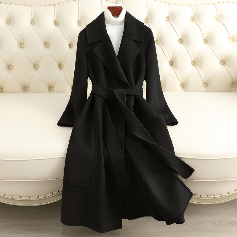 

2024 Зимнее женское пальто премиум-класса приталенного кроя в стиле Хепберн, двустороннее кашемировое XL чёрный