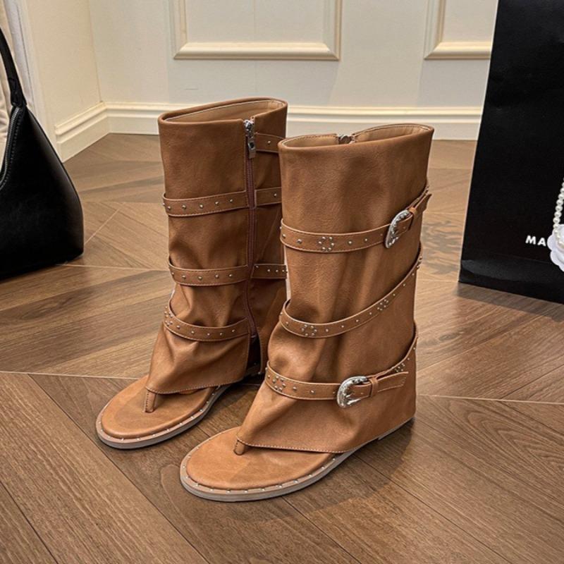 Women's Fashion Summer Boots Women's Wedge-heeled Sandals Retro Roman Leather Mid-collet Toe Pants Tube Boots Sandalias De Mujer
