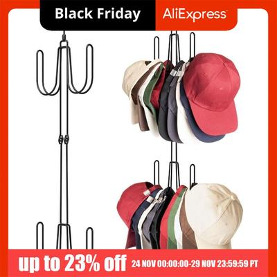 Foldable Metal Hat Hanger 4 Hooks Rotating Top Hook Baseball Cap Organizer Large Capacity Vertical Hat Display Shelf Living Room