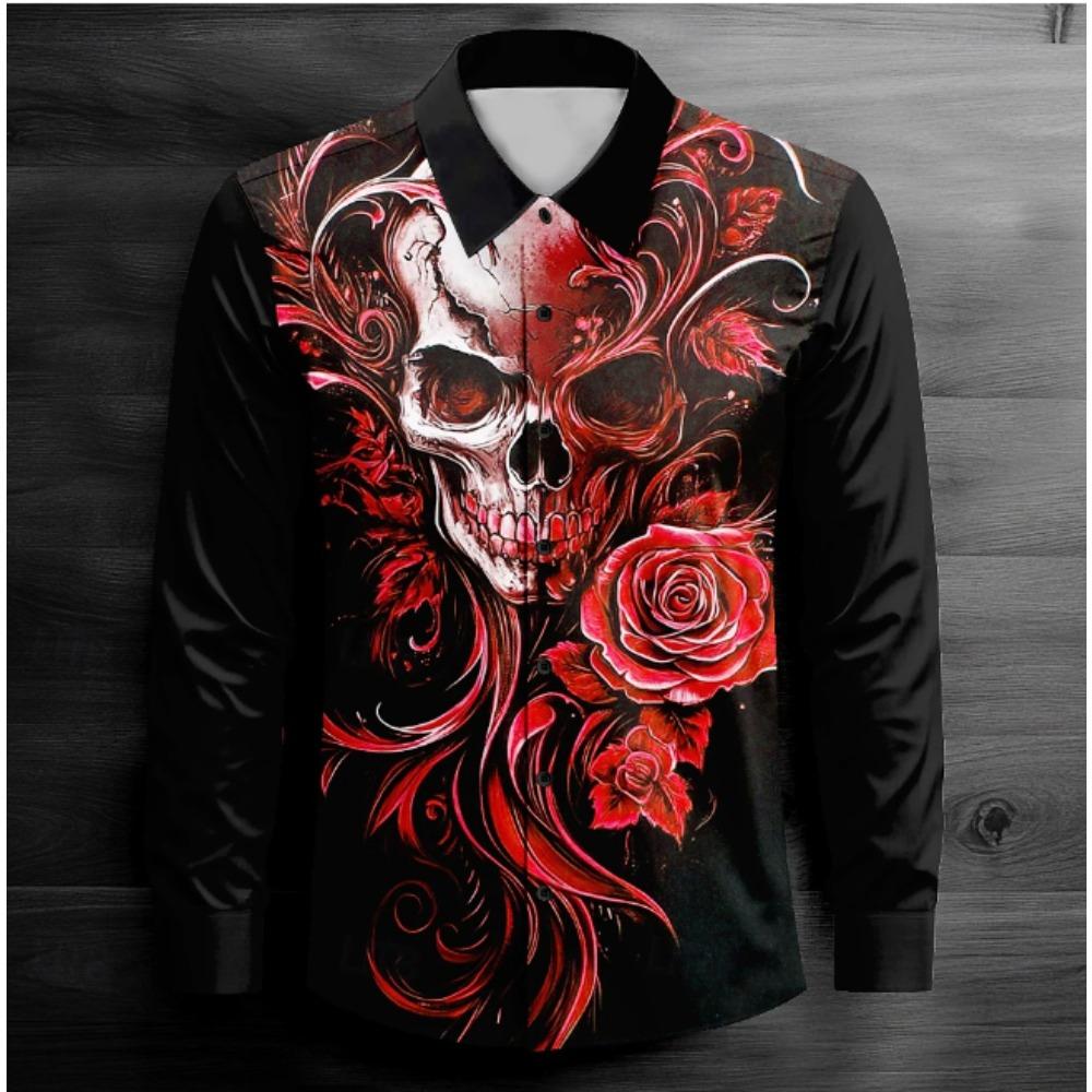 Men's Halloween Skeleton Printed Long Sleeve Shirts Casual Cardigan New Button Holiday Fashion Shirts