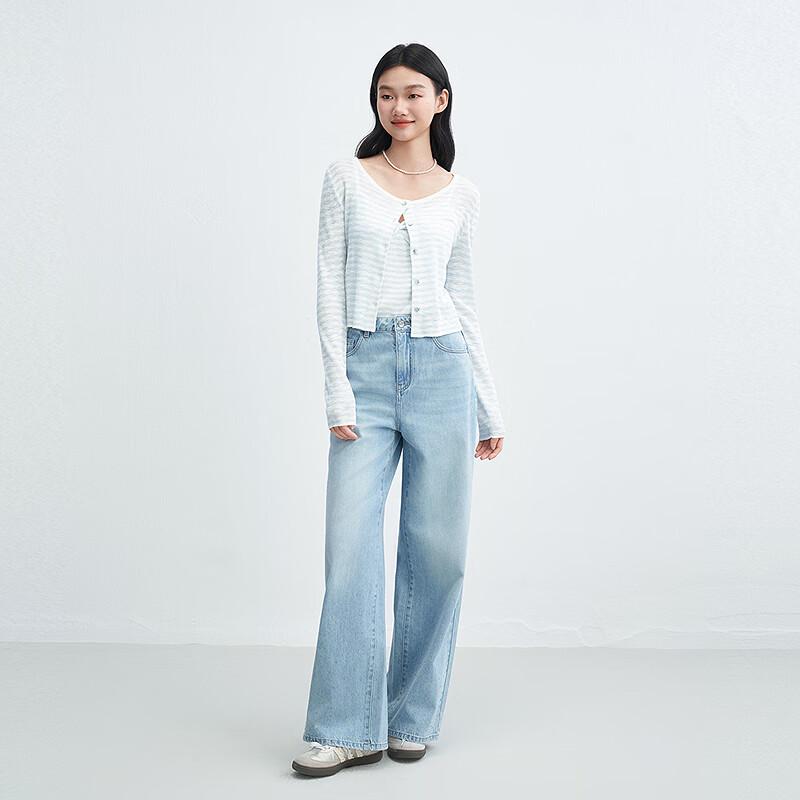 Leting Rhinestone High-Waist Washed Straight-Leg Jeans
