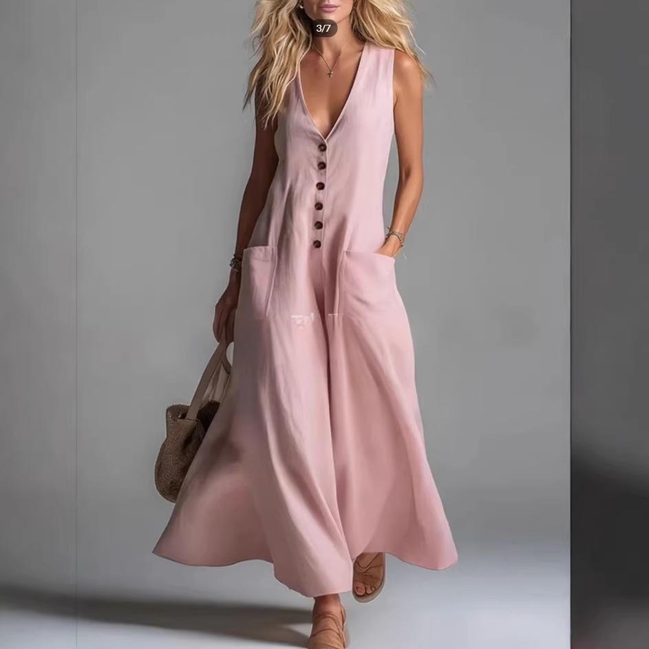 2026 Summer Women's V-Neck Solid Color Casual Dress with Pockets