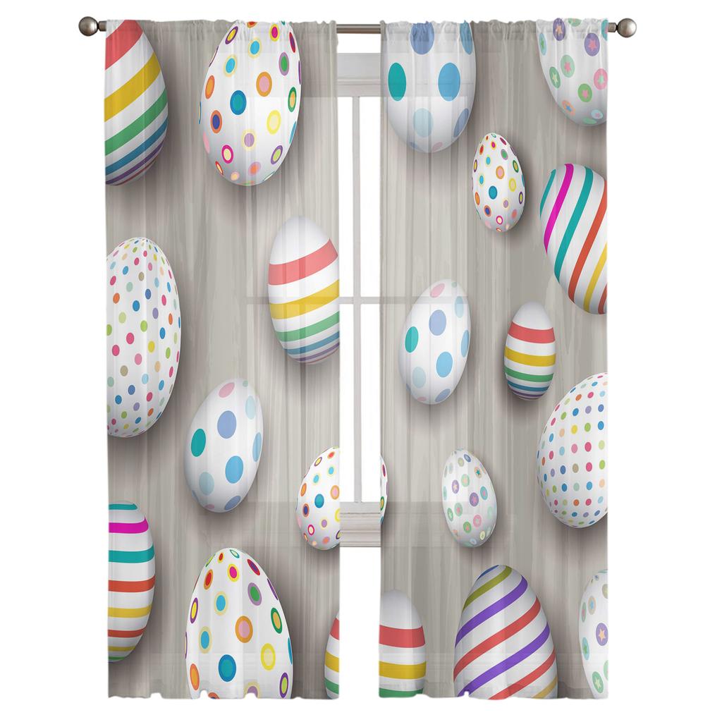Easter Eggs Wood Grain Background Tulle Curtains For Living Room Bedroom Voile Sheer Curtain Window Home Decor Drapes