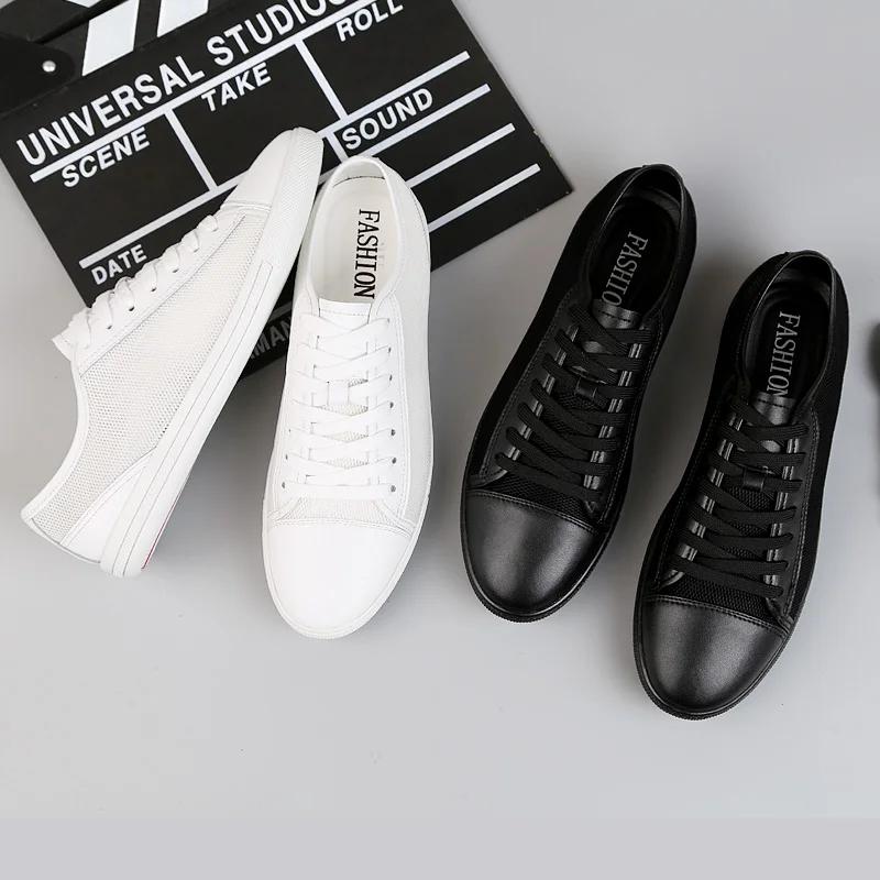 Fashion Lightweight Genuine Leather Men's Flats shoes Leisure Trend Korean Version Solid black White summer breathable Men Casual Shoes