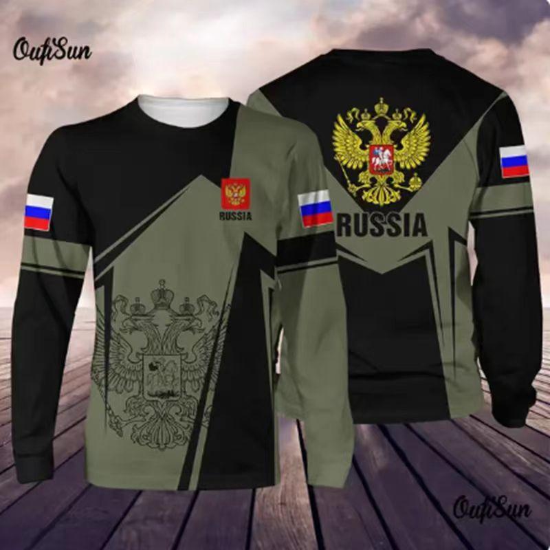 Round Neck 3D Russian Printed Top Casual Long Sleeved Men's T-shirts - Soft Medium Stretch Polyester Fabric Spring and Autumn Relaxed Fit Clothing