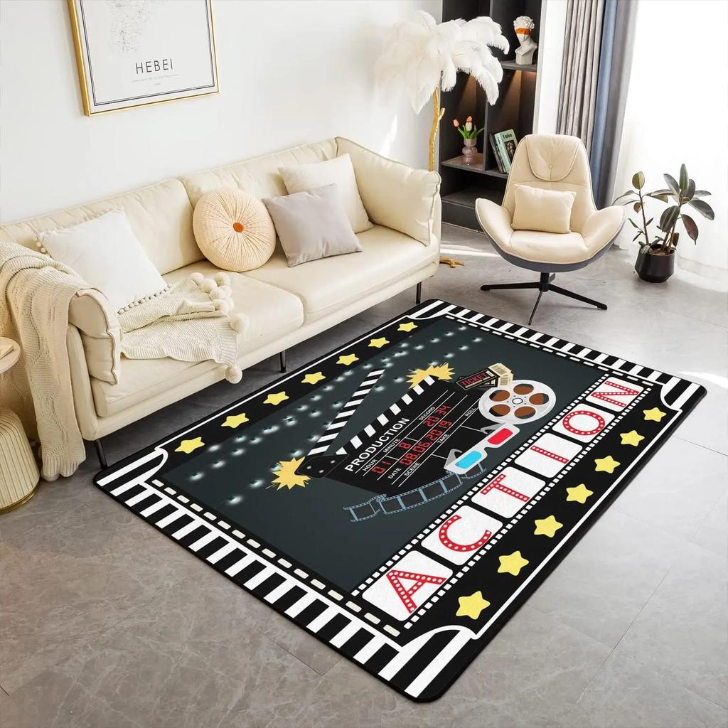 Movie Theater Pattern Indoor Floor Mat Cinema Poster Decor Carpet, for Living Room Bedroom Rugs Old Fashion Home Decor Area Rug