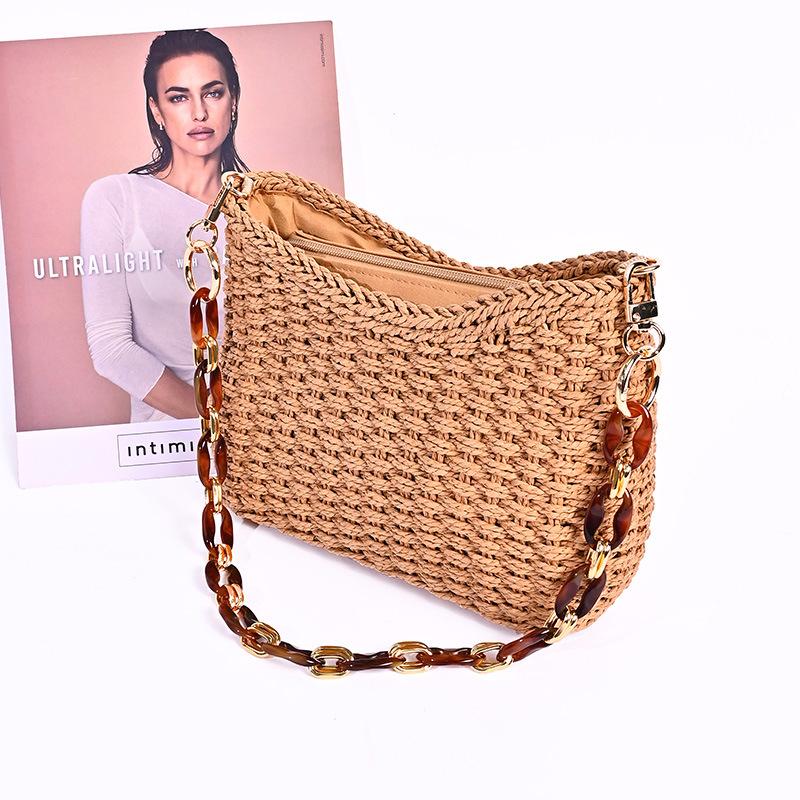 Straw Diagonal Span Bag Women's Summer Versatile Acrylic Chain Underarm Bag Seaside Vacation Retro Shoulder Bag