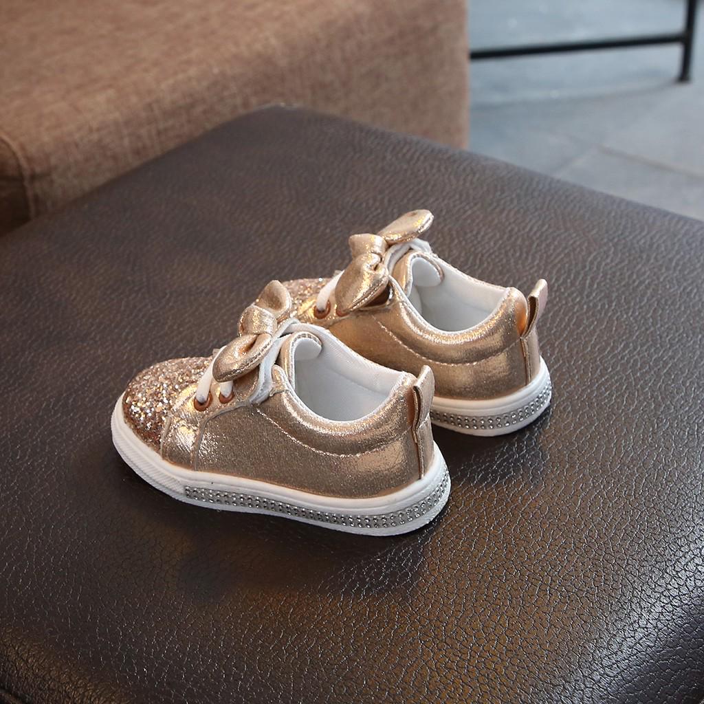 Children Baby Girls Boys Bling Sequins Bowknot Crystal Run Sport  Shoes