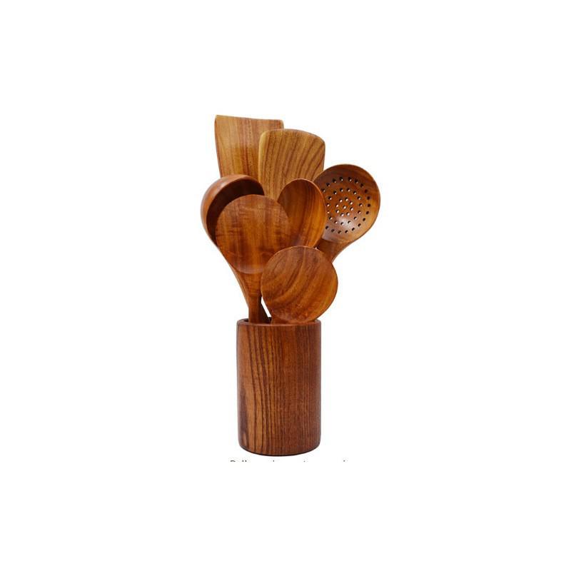 Non-Stick Pan Special: Teak & Acacia Wood Spatula, Stir-Fry Set, Salad Fork & Slotted Spoon