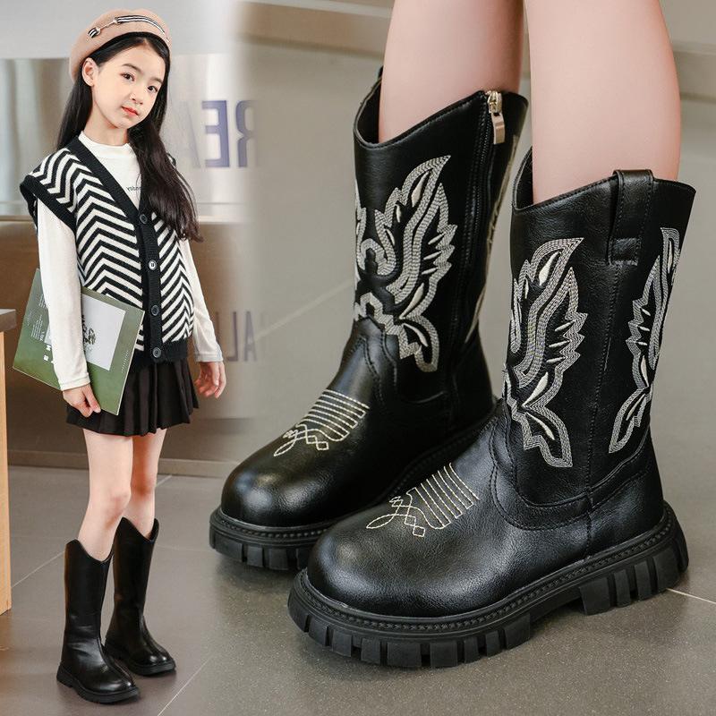 Girls' Boots for Autumn and Winter New Children's High Boots Mid Size Children's Retro Embroidered Knight Boots Girls' Long Boots