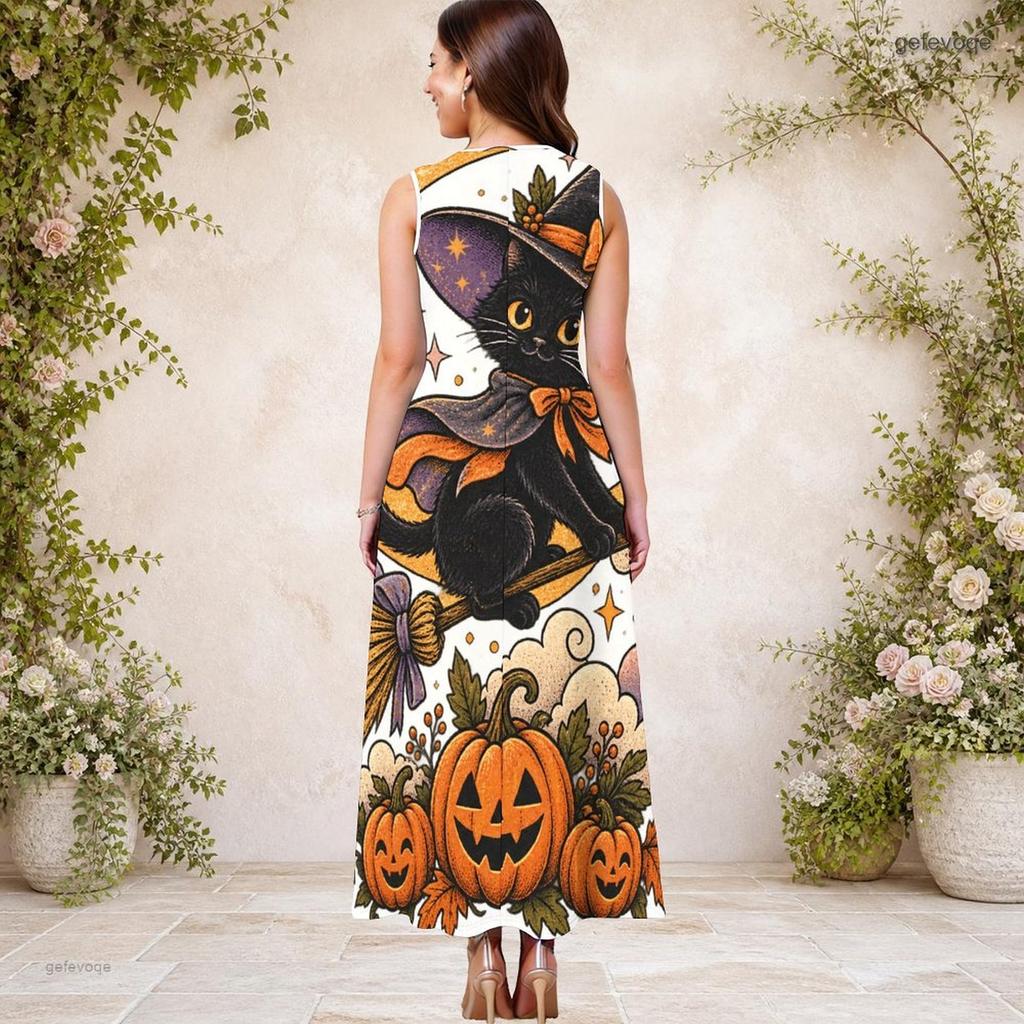 Women Plus Size Sleeveless Keyhole Neck A Line Long Dress Halloween Raccoon Pumpkin Print