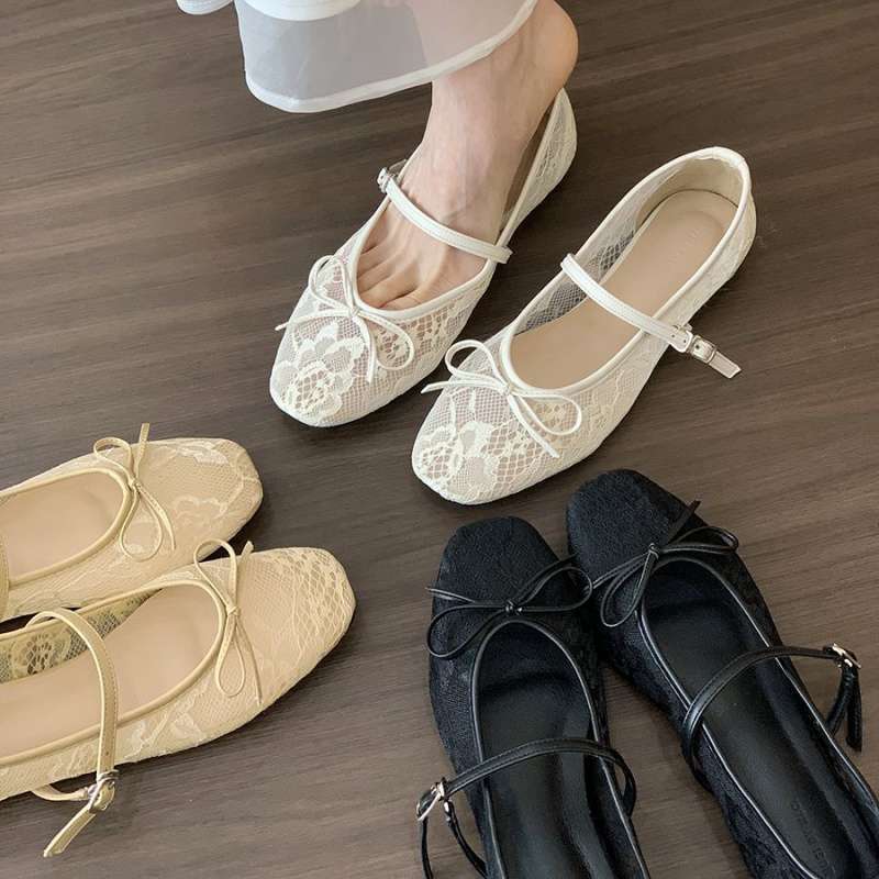 Flat bottom gentle bow fairy white mesh one word with ballet shoes female summer Mary Jane new single shoes