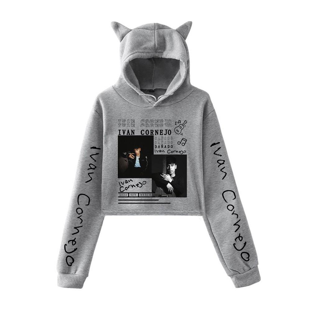 Fashion Iván Cornejo Printed Kawaii Crop Top Hoodie Funny Cat Ear Cropped Short Sweatshirt Hooded Pullover Women Tops Streetwear