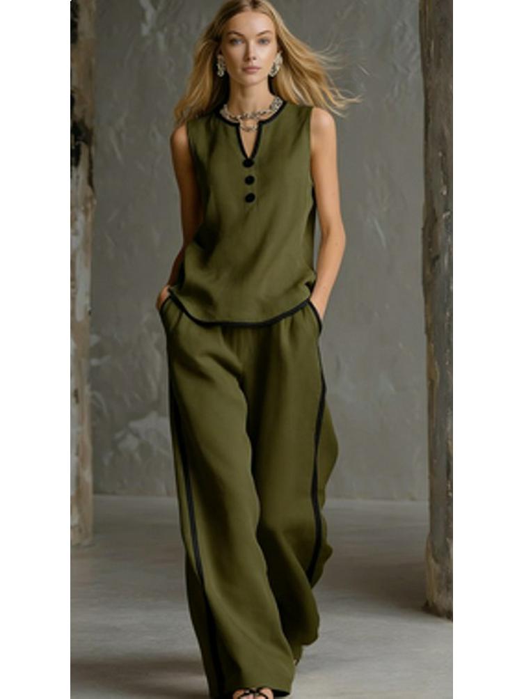 

2026 Summer Sleeveless V-neck with Black Trim; Elegant Wide-leg Pants for a Taller, Slimmer Look S армія зелений колір
