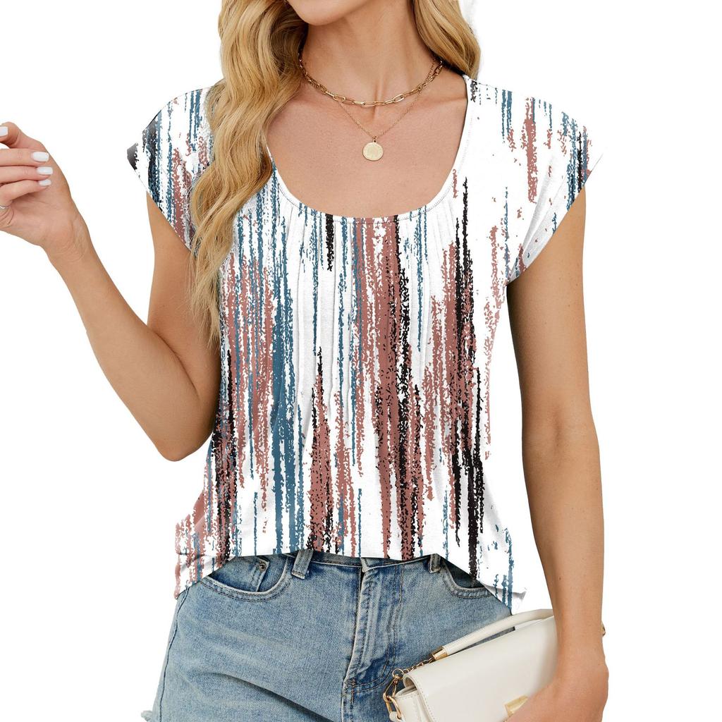Spring and Summer New Printed Round Neck Striped Loose Short Sleeved T-shirt Top for Women