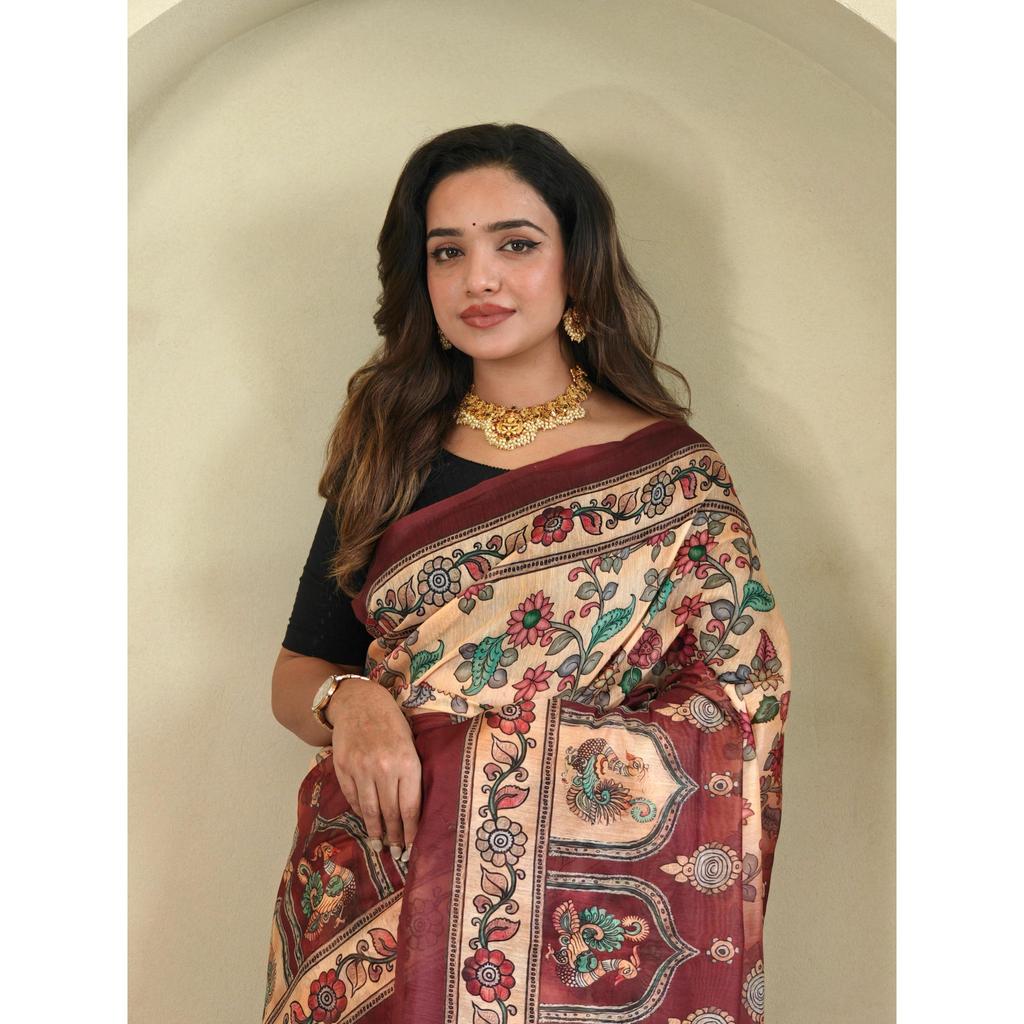 Pure Malai Cotton Saree with Big Border Digital Print Concept with Elegant Kalamkari Patterns with Contrast  Big Pallu with Tassels Attached