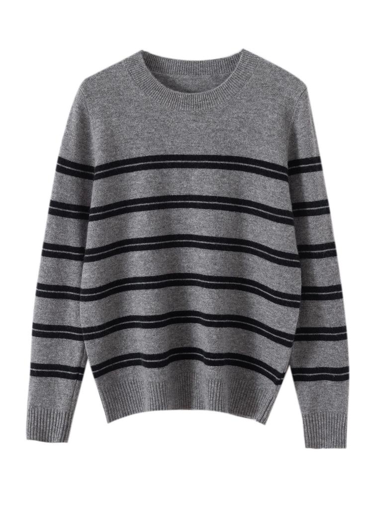 Xiao He Women's Classic Stripe 100% Pure Wool Sweater - Round Neck, Color Block, Loose Fit, Slimming, Soft, and Fluffy.