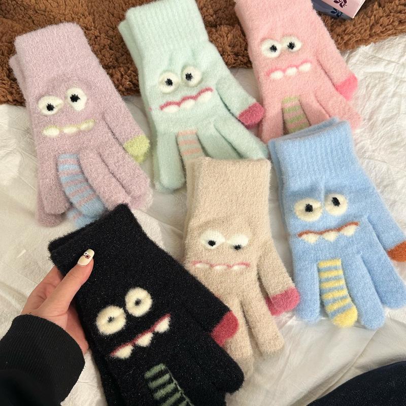Funny Monster Finger Touch Screen Plush Knitted Gloves Cute Winter Knitted Gloves Warm Thickened Velvet Split Finger Gloves